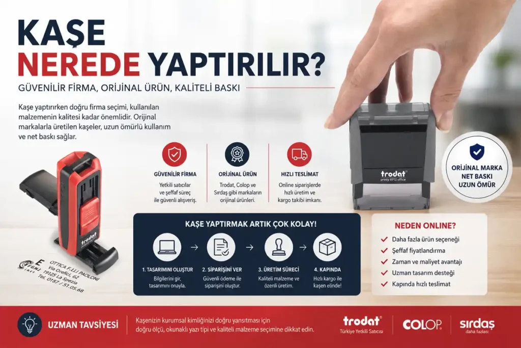 Kaşe nerede yaptırılır konulu blog görseli, Trodat otomatik ve cep kaşesi ile güvenilir online kaşe yaptırma rehberini anlatan bilgilendirici tasarım.