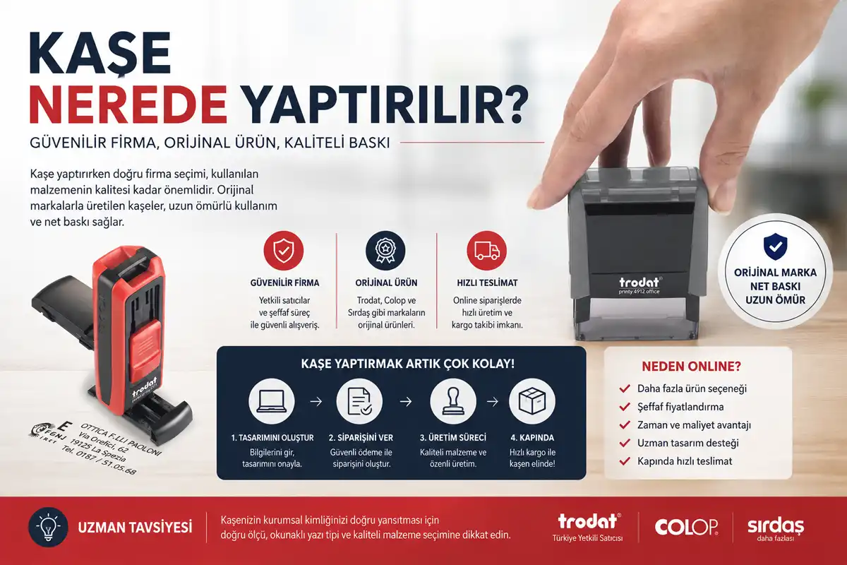 Kaşe nerede yaptırılır konulu blog görseli, Trodat otomatik ve cep kaşesi ile güvenilir online kaşe yaptırma rehberini anlatan bilgilendirici tasarım.