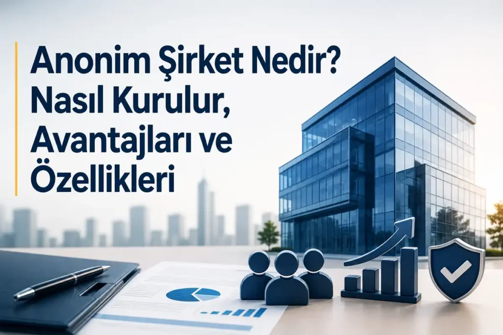 Anonim Şirket Nedir? Nasıl Kurulur, Avantajları ve Özellikleri konusunu anlatan, modern ofis binası ve kurumsal iş dünyasını simgeleyen blog kapak görseli.