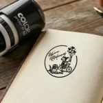 Bisiklete binen kalp balonlu çift ve kitap figürlü yuvarlak isme özel kitap kaşesi uygulaması.