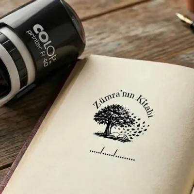 Hayat ağacı ve uçuşan yapraklar figürlü isme özel kitap kaşesi