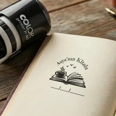 Kahve ve kitap figürlü isme özel tarih atılabilir kitap kaşesi uygulaması