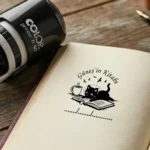 Kitap okuyan kedi ve kahve fincanı figürlü isme özel kitap kaşesi uygulaması.