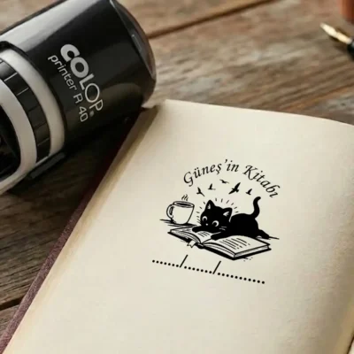 Kitap okuyan kedi ve kahve fincanı figürlü isme özel kitap kaşesi uygulaması.