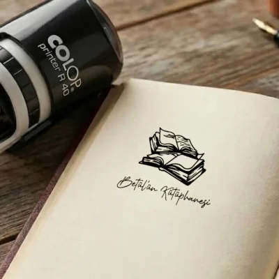 Üst üste duran açık kitap sayfaları figürlü isme özel kitap kaşesi uygulaması.